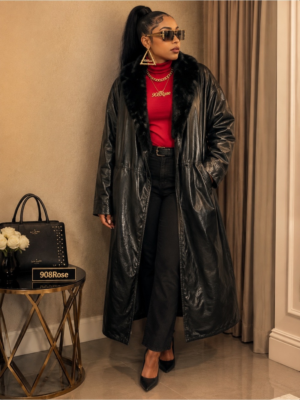 🖤 Vintage Genuine Leather Full-Length Coat with Fur Collar 🖤